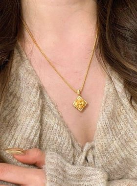 s925中古拉丝双面镶钻四叶草项链