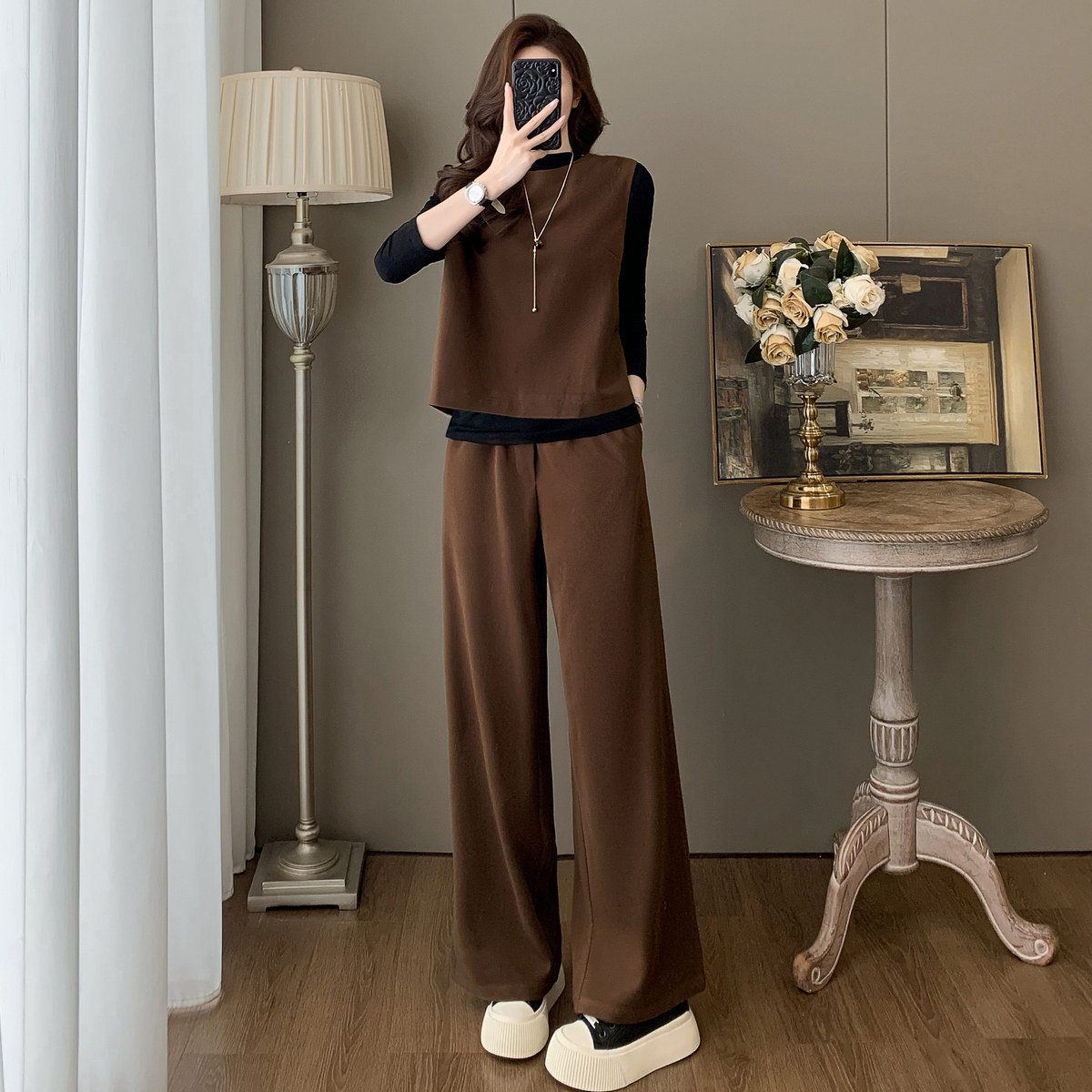 咖色复古休闲套装女秋冬季一整套穿搭高级感毛呢马甲阔腿裤三件套,淘宝优惠券,粉丝福利购,淘宝优惠卷