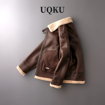 UQKU American Haining fur integrated male cityboy winter locomotive jacket thickened lamb fur coat jacket