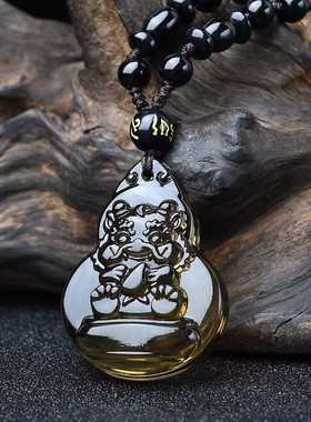 淘开运阁吉狮赐吉桃贵宏吊坠属猴人吉祥物2026马年黑曜石葫芦项链