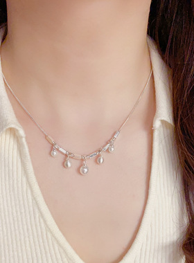 时尚金属方块珍珠流苏项链