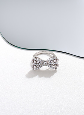 灰珍珠蝴蝶结开口指环不掉色戒指女小众高级轻奢风个性时尚食指戒