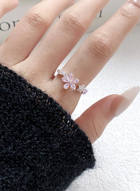 精致紫色滴油花朵锆石开口戒指个性小众设计高级感叠戴百搭指环女