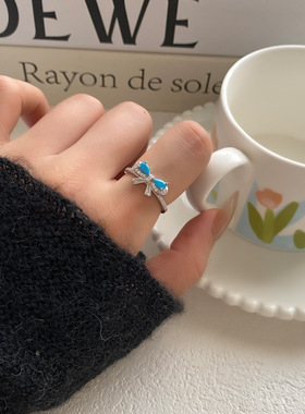 纳米蓝松石锆石蝴蝶结可调节开口指环戒指女士小众高级轻奢食指戒