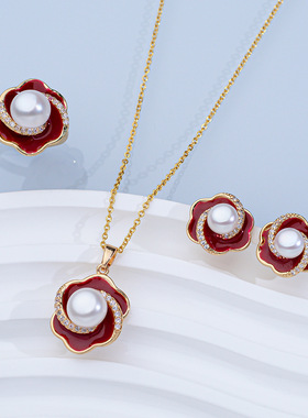 新年红色天然淡水珍珠耳钉戒指项链吊坠饰品套装轻奢高级感