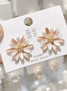 S925银针滴油花朵耳钉 温柔复古紫色小雏菊耳环 森系清新百搭耳饰