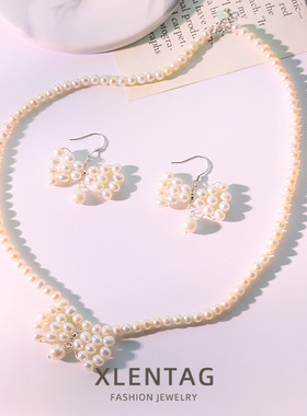 原创天然珍珠蝴蝶结纯银项链耳坠套装女高级感手工气质轻奢首饰