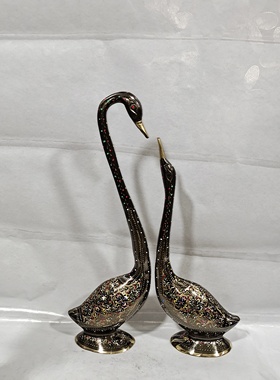高38cm巴基斯坦进口纯铜彩绘天鹅摆件家居装饰品客厅摆设结婚礼物