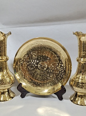 巴基斯坦进口纯铜黄铜花瓶铜盘摆件