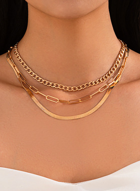 欧美风饰品 嘻哈金属风蛇骨链项链 简约个性古巴多层锁骨链