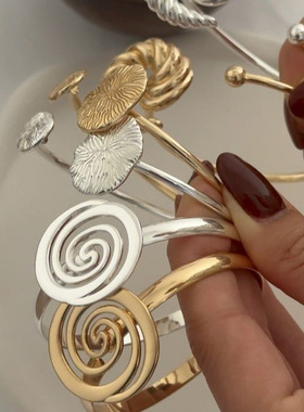 欧美跨境饰品夸张不规则旋涡设计感开口戒合金几何螺旋手镯套装女