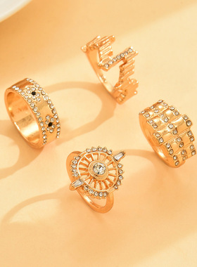 欧美跨境热销时尚镶钻戒指组合小众设计感圆形太阳不规则几何手饰
