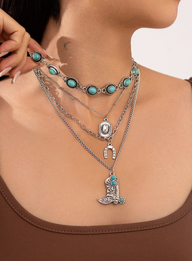欧美饰品朋克民族风靴子合金锁骨链波西米亚松石夹珠链个性音乐节