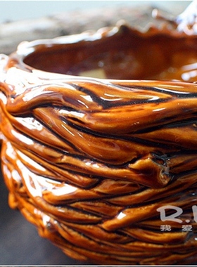 创意家居彩色釉小鸟鸟巢收纳笔筒