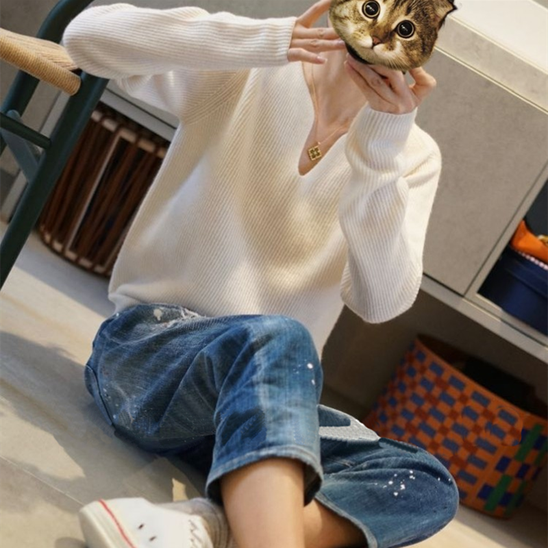 颜值在线 温柔气质 竖螺纹V领100%羊绒衫女秋冬套头纯羊绒毛衣3色,淘宝优惠券,粉丝福利购,淘宝优惠卷