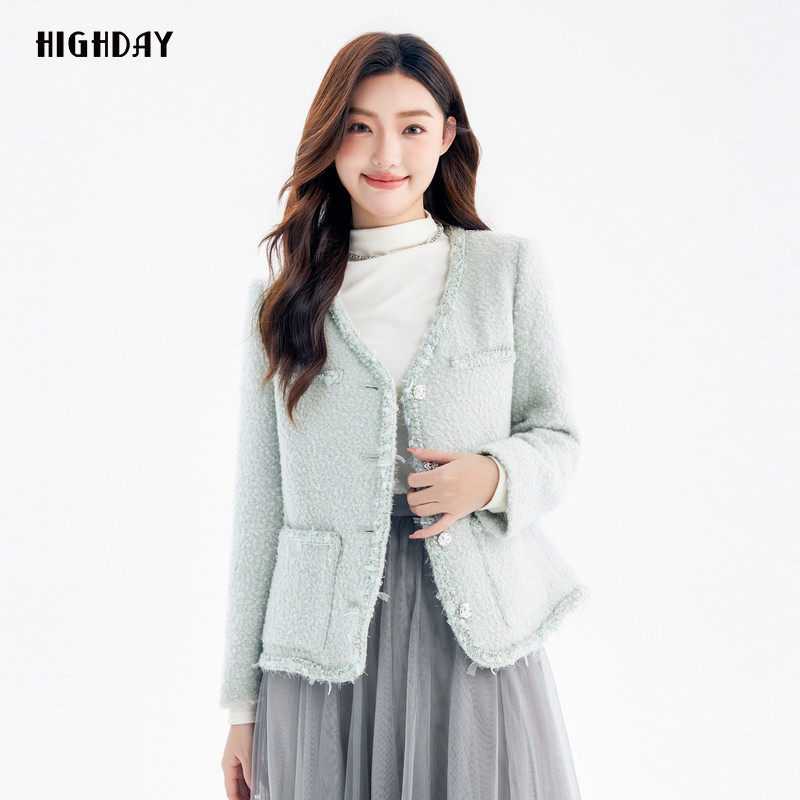 highday轩日2024冬季商场同款女装新款棉服V领小香风优雅长袖外套