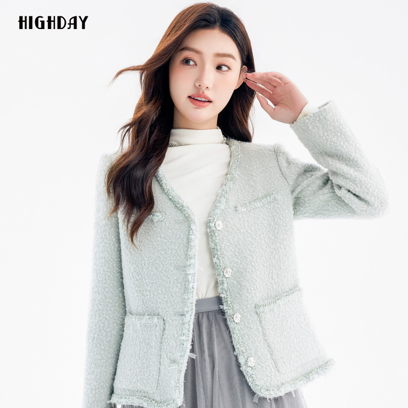 highday轩日2024冬季商场同款女装新款棉服V领小香风优雅长袖外套
