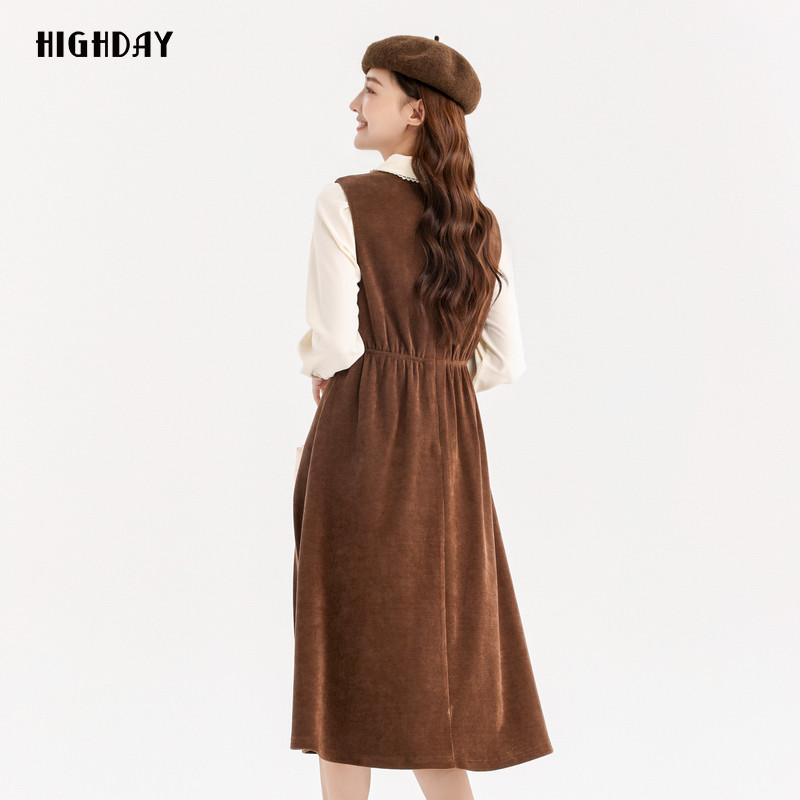 轩日2024冬季商场同款女装假两件修身背心裙复古英伦风无袖连衣裙