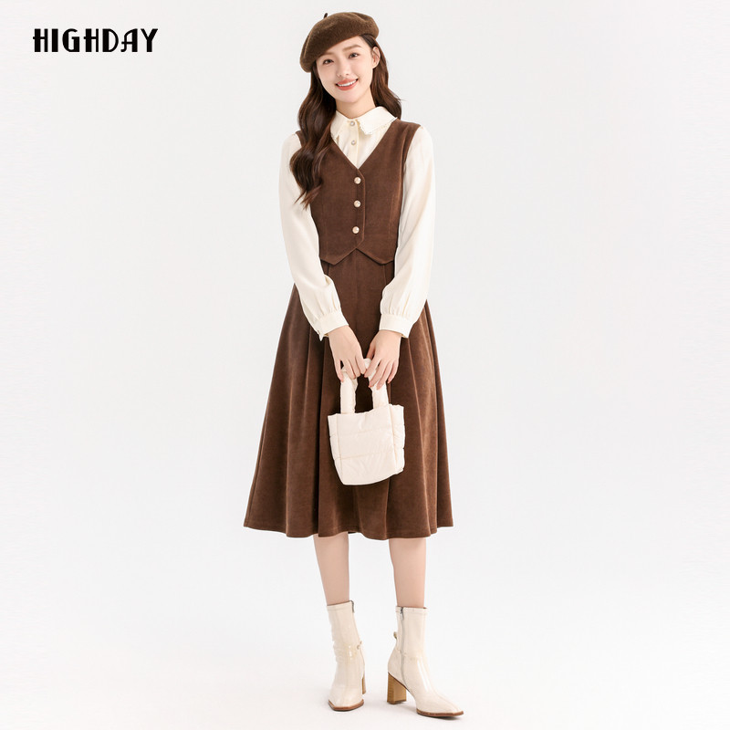 轩日2024冬季商场同款女装假两件修身背心裙复古英伦风无袖连衣裙