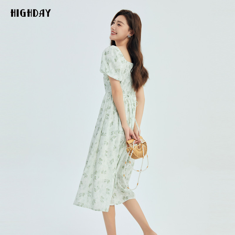 轩日2024夏装新款方领淡雅收腰印花裙女新中式修身泡泡袖连衣裙潮,淘宝优惠券,粉丝福利购,淘宝优惠卷