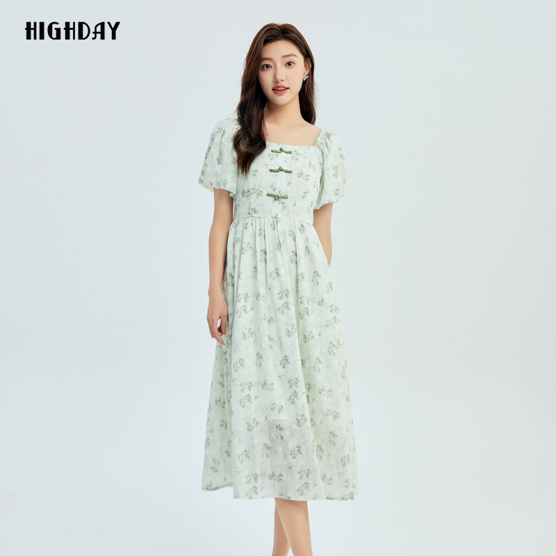 轩日2024夏装新款方领淡雅收腰印花裙女新中式修身泡泡袖连衣裙潮,淘宝优惠券,粉丝福利购,淘宝优惠卷