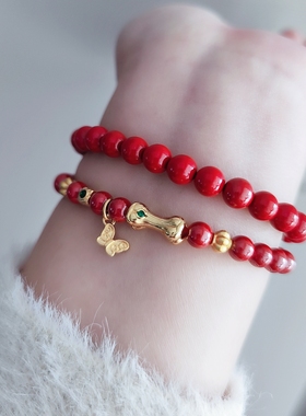 蛇年天然朱砂手串碎金子小胖福手链本命年红手绳叠戴新年红色礼物