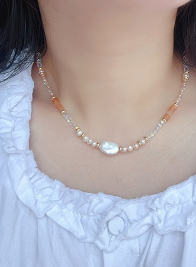 巴洛克珍珠香槟天然石串珠项链轻奢小众橙色系多巴胺叠戴锁骨链女