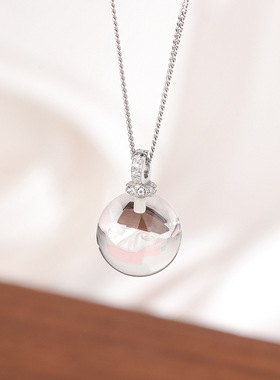 925纯银天然白水晶吊坠项链韩版简约透明圆球锁骨链小众设计感