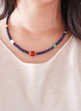 天然蓝矿石克莱因蓝色玛瑙珍珠项链高级感显白串珠锁骨链新中式