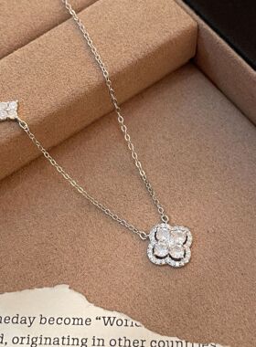 S925纯银超闪锆石四叶草项链女小众设计轻奢高级感气质锁骨链2026
