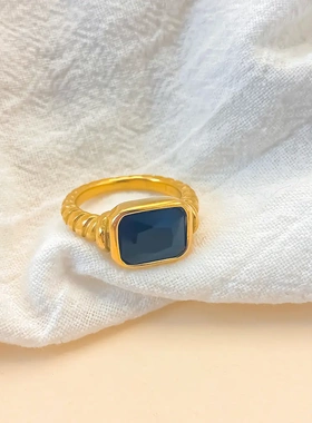 eManco法式黑金戒指复古矩形玻璃