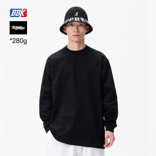 BBK 280g 宽松纯色 滑板 重磅小领口t恤 街舞 圆领打底净色长袖