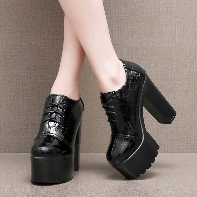 酒红色漆皮14cm圆头走秀超高跟鞋女厚底防水台粗跟系带深口单鞋女 - 图1