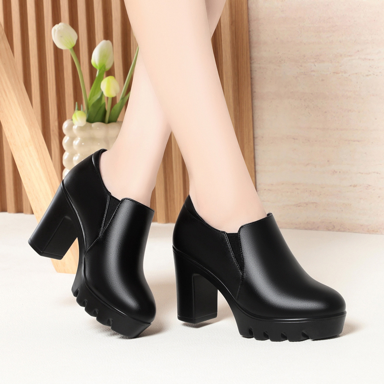 深口松紧带高跟鞋厚底一脚蹬单鞋圆头春秋女鞋粗跟防水台加绒皮鞋,淘宝优惠券,粉丝福利购,淘宝优惠卷