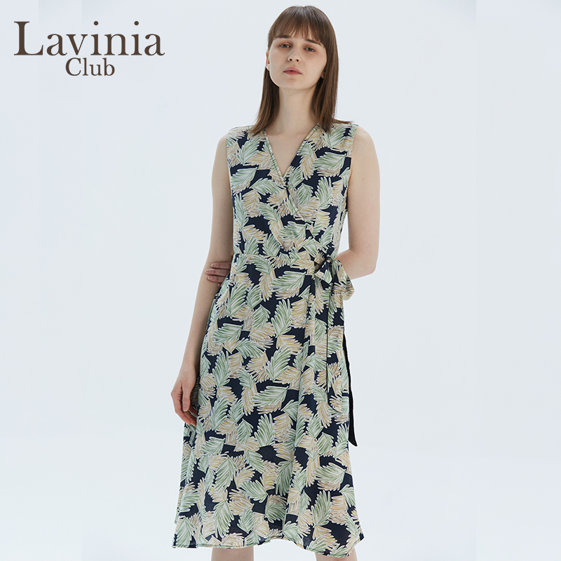 Lavinia Club拉维妮娅夏季新品藏蓝印花V领连衣裙中长款R13L79S-图1