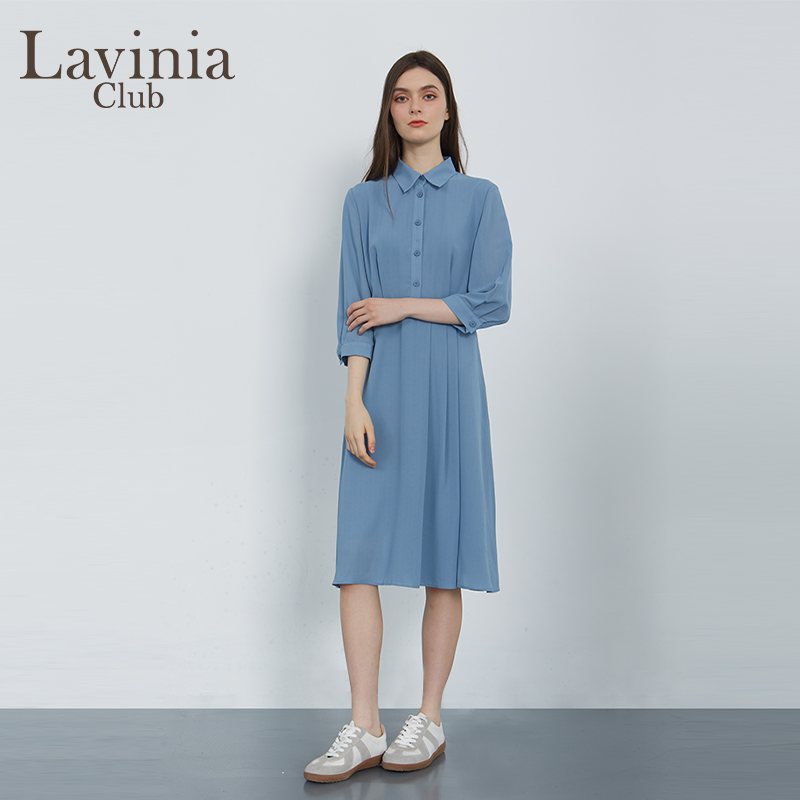 Lavinia Club/拉维妮娅春秋雾蓝色七分袖衬衫裙子连衣裙女士女装 - 图0