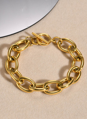 跨境钛钢时髦饰品 真空镀18K金色 夸张大链条夏季女士项链金属风