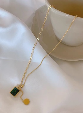 复古祖母绿拼接锁骨链女简约小众可调节项链冷淡风钛钢颈链新款夏