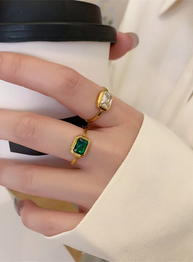 日韩时尚新款百搭气质简约四方镶锆石戒指指环女钛钢饰品多色可选