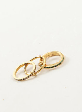 欧美时尚新款跨境个性四环镶白钻绿钻钛钢镀金戒指指环食指中指女