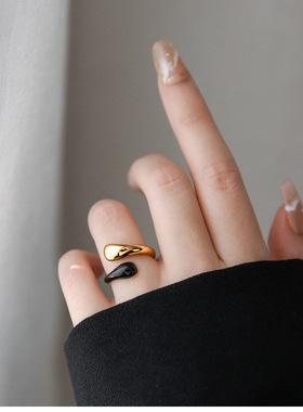 欧美ins冷淡风简约气质水滴开口戒指个性钛钢镀18K金色食指指环女