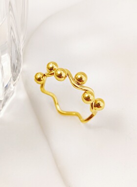 日韩时尚设计波浪珠珠戒指女款气质流行个性钛钢指环中指食指百搭