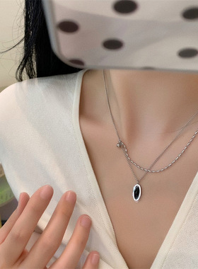 Vintage复古法式椭圆黑色项链女短款锁骨链新款个性叠戴项链百搭