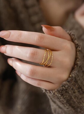 法式ins多层弯曲设计感钛钢戒指 文艺时尚个性镀18K金食指指环女