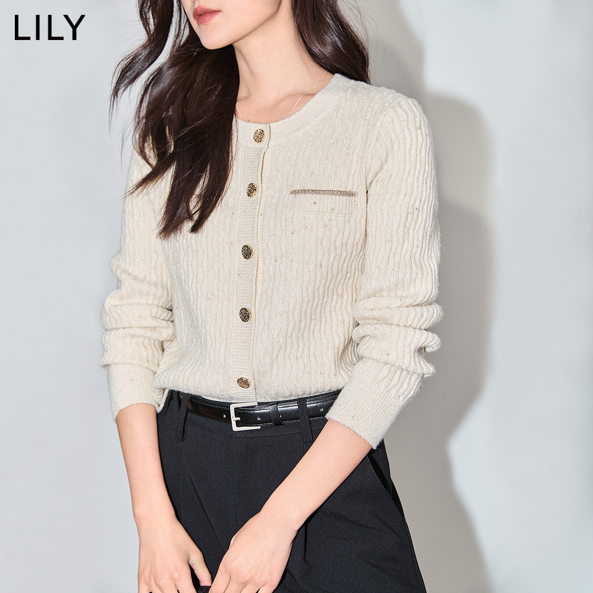 LILY2024春新款女装含绵羊毛都市通勤浪漫温柔短款修身款针织开衫-图1