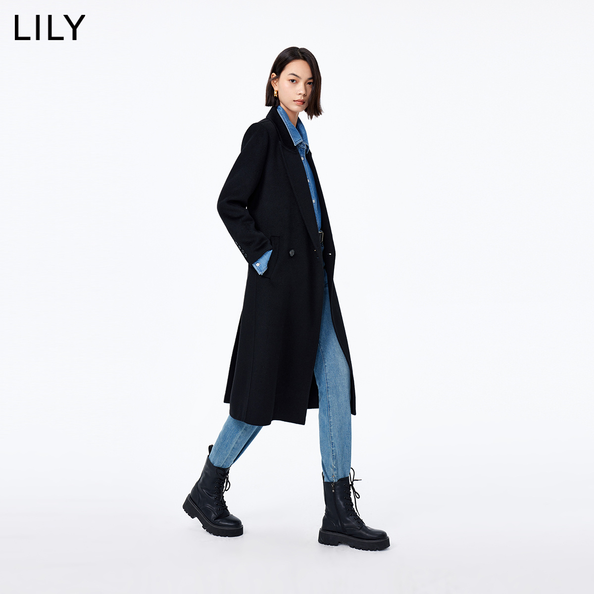 【100%绵羊毛】LILY2024春新款复古双排扣黑色毛呢外套长款大衣女