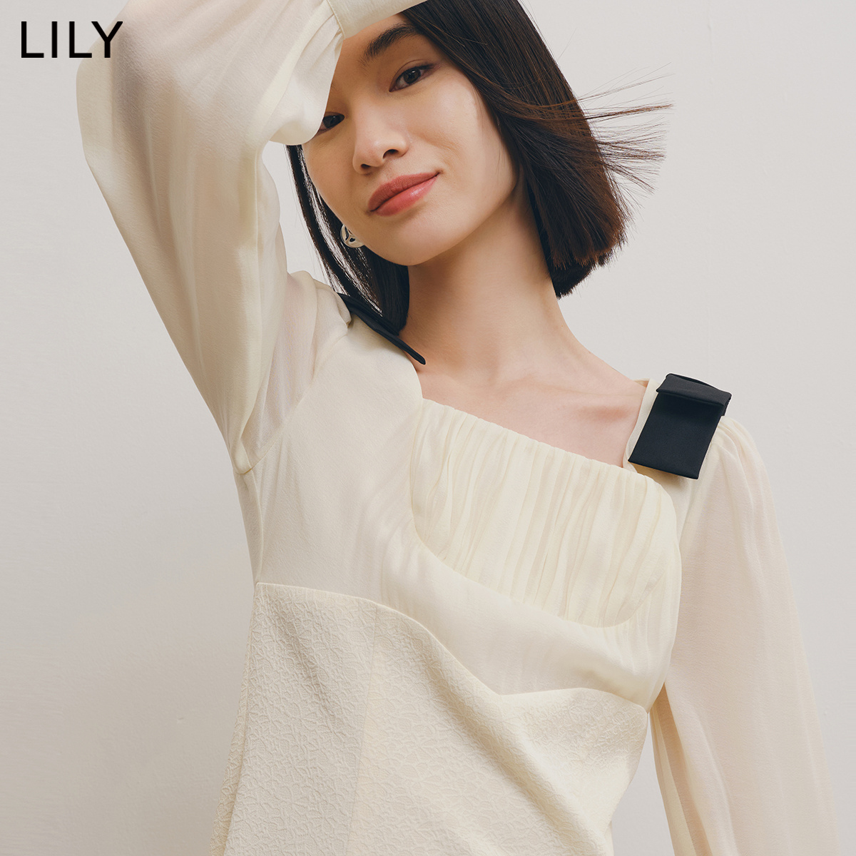 LILY2022冬新款女装优雅复古法式方领气质温柔通勤修身A字连衣裙 - 图0