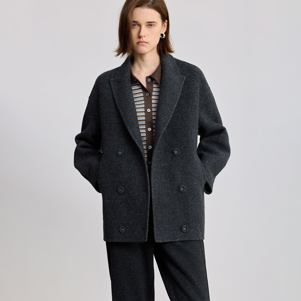 100%羊毛LILY2025冬新款女装老钱风西装领夹花深色双面呢毛呢外套 - 图1