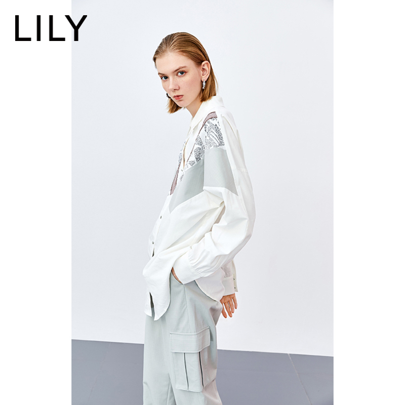 LILY官方旗舰店LILY新款女装气质蕾丝花边拼接宽松休闲蝙蝠袖上衣白色衬衫1