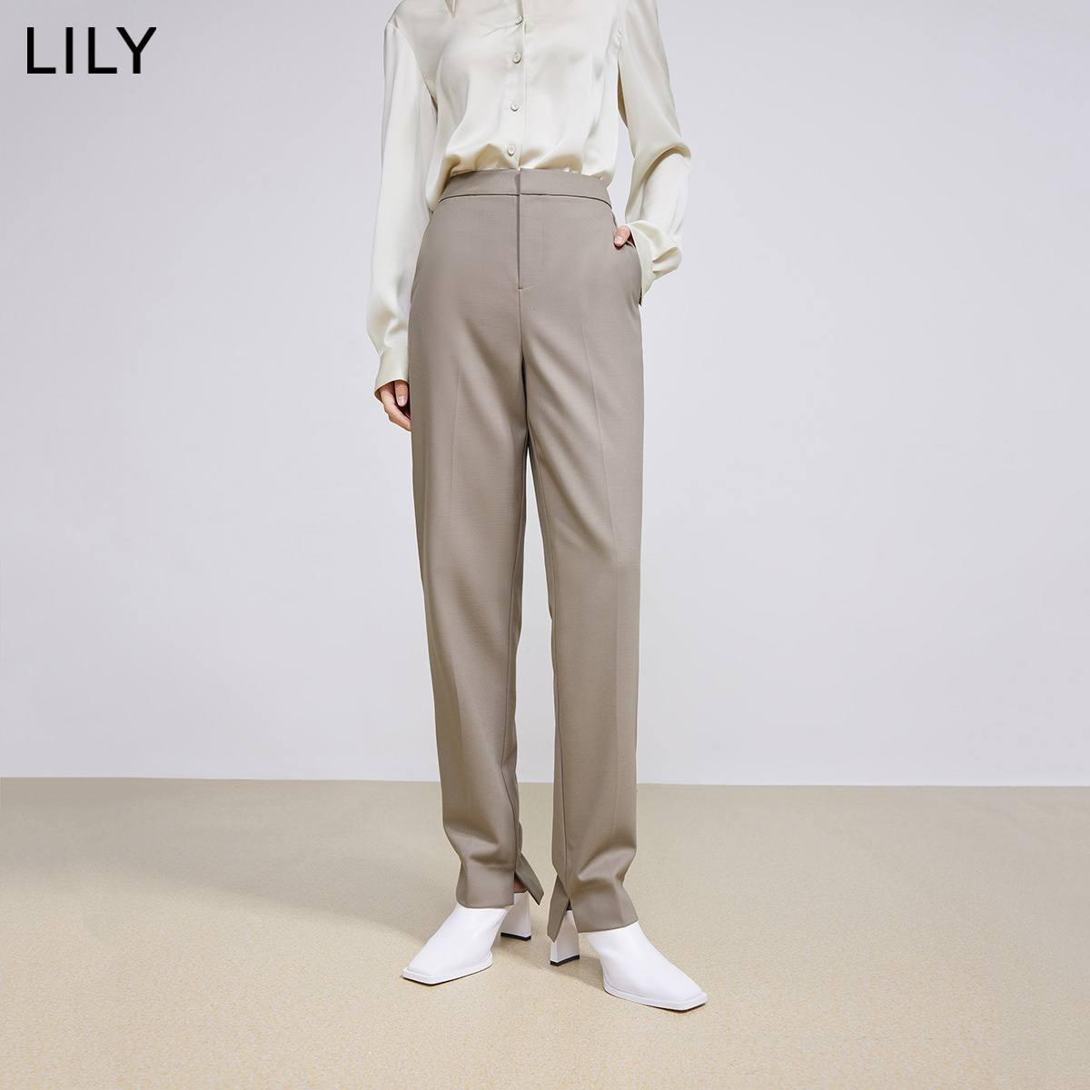 【商场同款】LILY2022春新款女装设计感开叉高腰修身烟管裤西装裤 - 图1